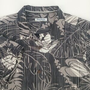 Tommy Bahama Mens XL Silk blend Hawaiian Leaf Pinstripe Camp Shirt Grey Black